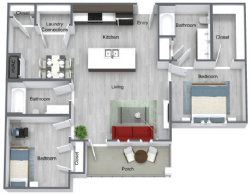 Floor plan for 2 beds, 2 baths, 958 sqft